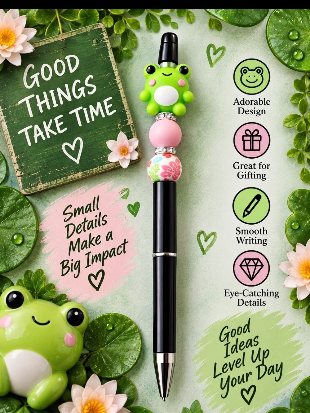Cute Frog Top Pen for Kids Accessories - Pink & Green
